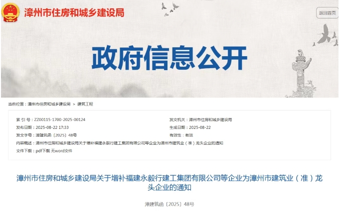 漳州：關(guān)于增補(bǔ)4建建筑企業(yè)為漳州市建筑業(yè)（準(zhǔn)）龍頭企業(yè)的通知